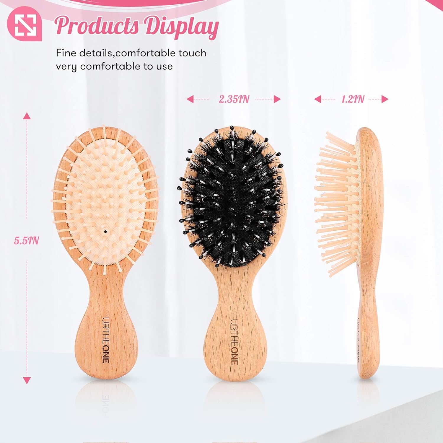 2Pcs Hair Brush Mini Boar Bristle Hairbrush and Detangling Brush for Thick Curly Thin Long Short Wet or Dry Hair Detangle Massage Add Shine