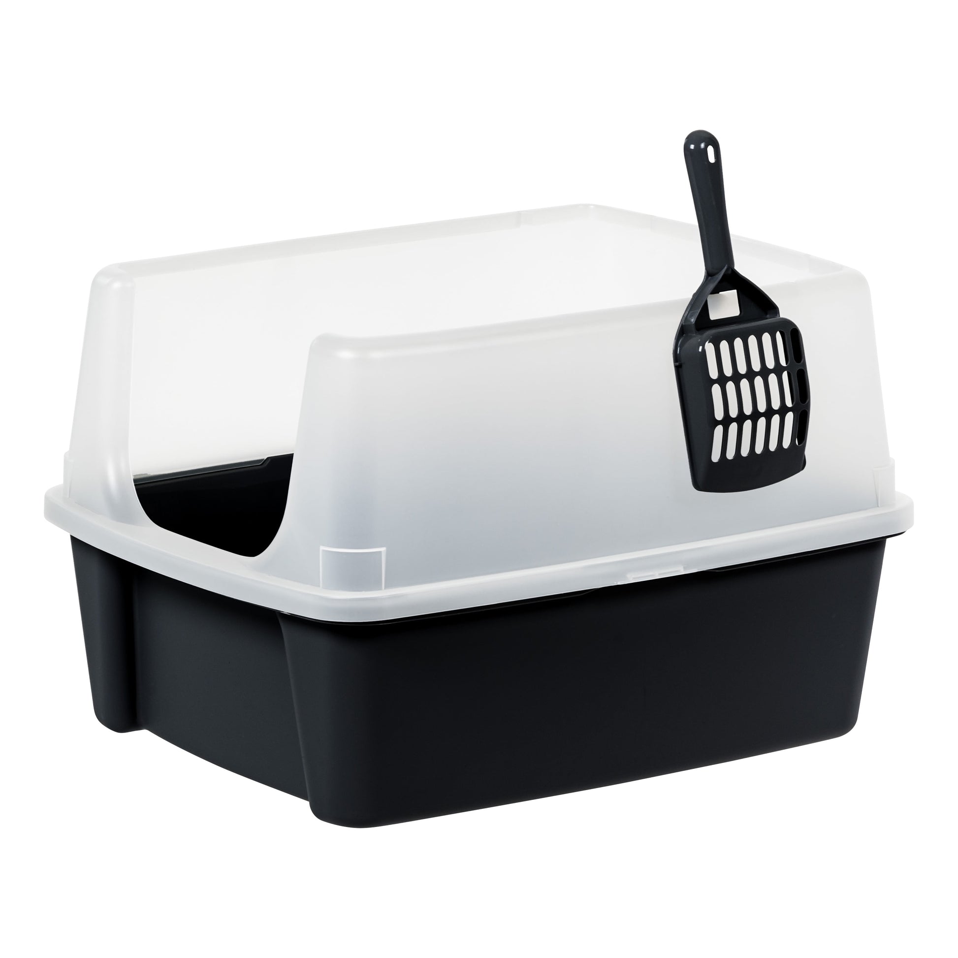 , High Sided Open Top Cat Litter Box with Scoop, Solid Black