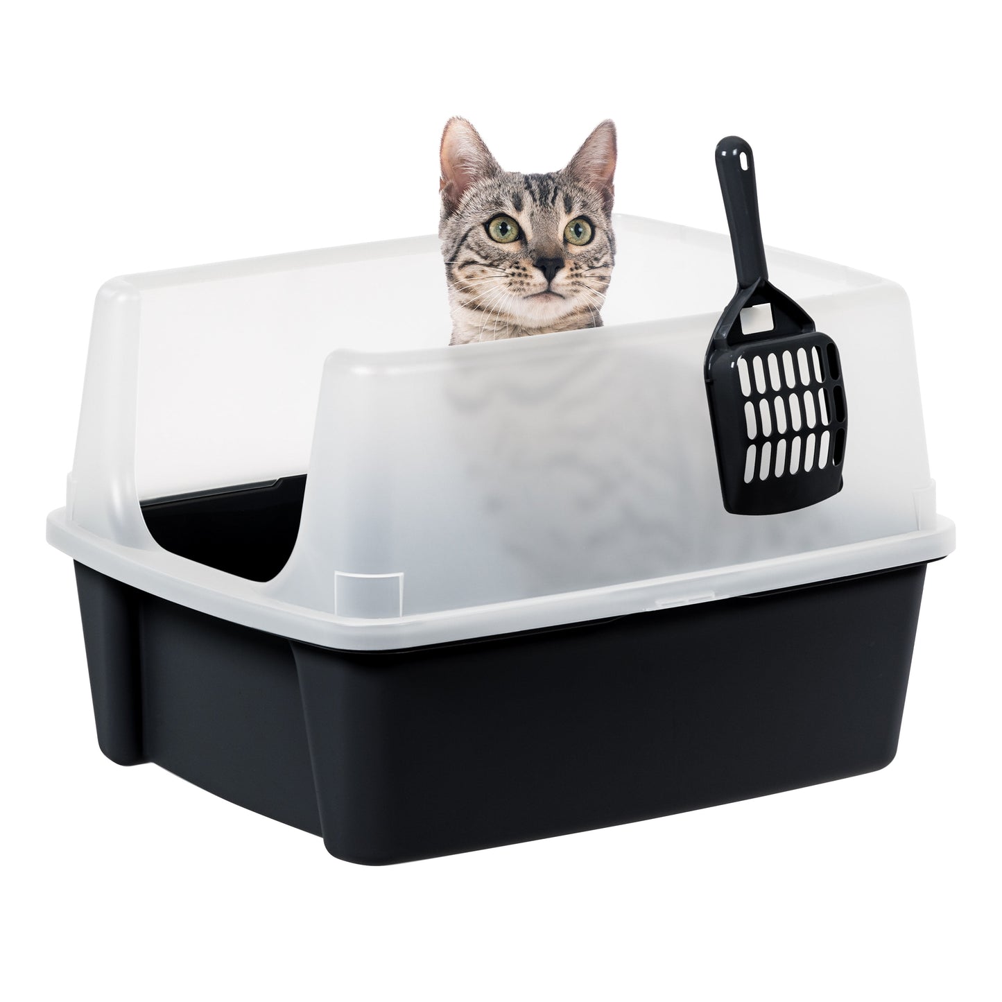 , High Sided Open Top Cat Litter Box with Scoop, Solid Black