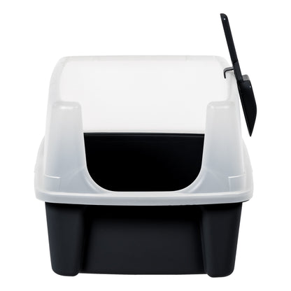 , High Sided Open Top Cat Litter Box with Scoop, Solid Black